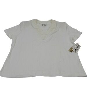 Sanibel Sport White Lace Trim V Neck‎ Short Sleeve T Shirt Top Womens XL